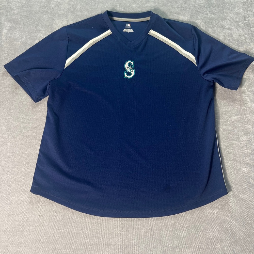 MLB Seattle Mariners Genuine Merchandise Navy Blue V-Neck Jersey Shirt Mens XL